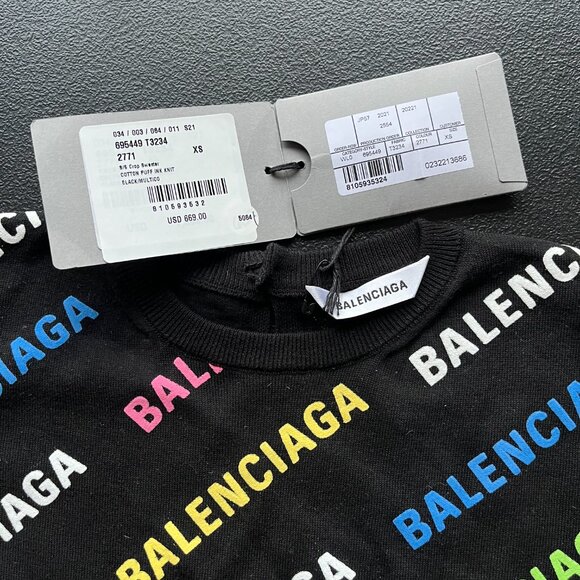 NWT Balenciaga Crop Sweater Cotton Puff Ink Knit Black Multicolor Logo Print - Picture 5 of 11